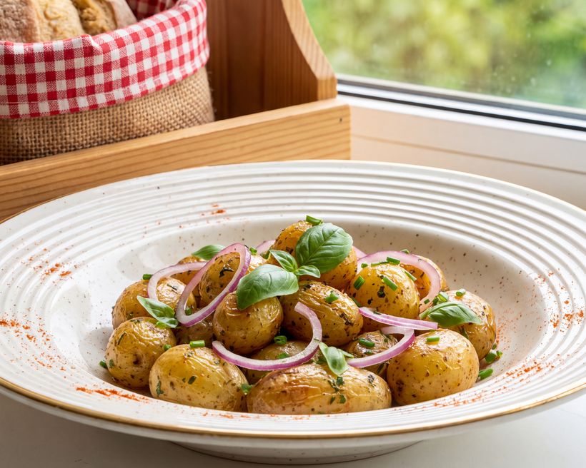 Warm baby potatoes with red onion, chives and basil in a white bowl