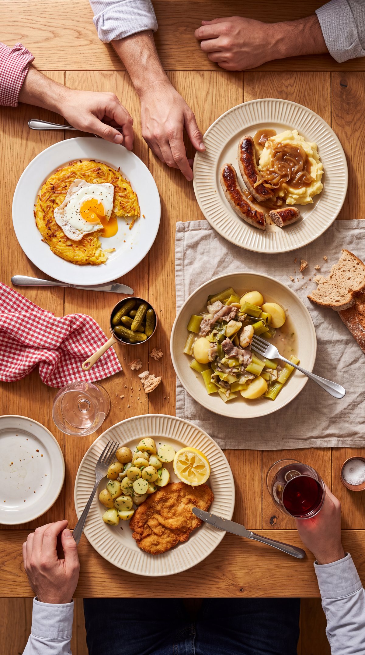 A table mid-meal seen from above: rösti with a fried egg, bratwurst with mash and onion gravy,
        papet vaudois, and a schnitzel with potato salad, with hands reaching in