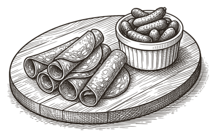 An engraving of rolled cold cuts on a board with a pot of gherkins